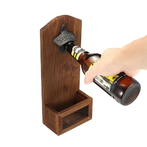 Wall-Mounted Bottle Opener with Cap Catcher Wood Brown