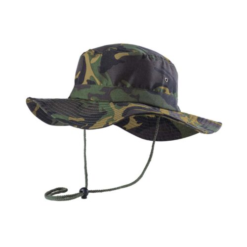 Safari hat with adjustable cord camouflage