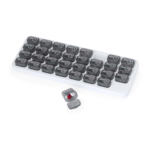 Monthly pill box with 31 compartments