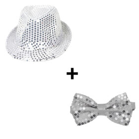 Fedora party hat + silver glitter bow tie