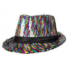 Fedora party hat with black band sequins Pride rainbow