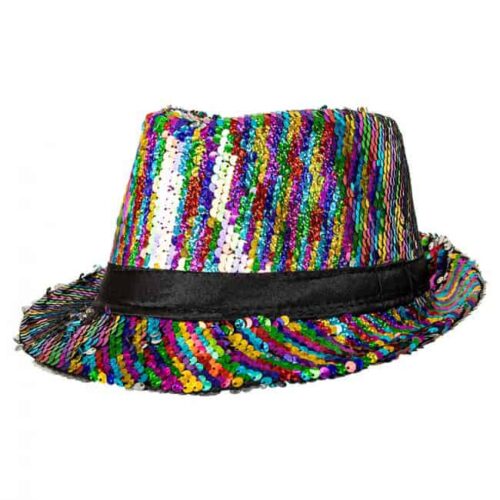 Fedora party hat with black band sequins Pride rainbow