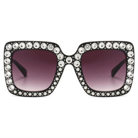 Square Sunglasses with Rhinestones - Black