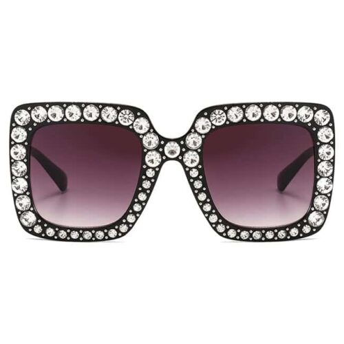 Square Sunglasses with Rhinestones - Black