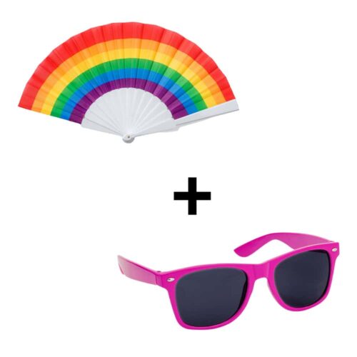 Hand fan RPET rainbow + pink sunglasses