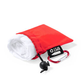 Disposable rain poncho with RPET storage pouch and carabiner red