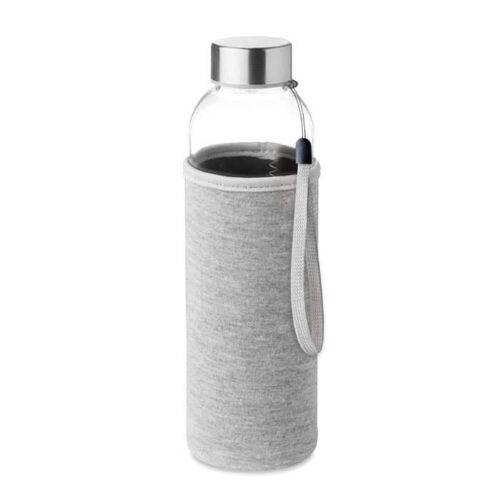 Glass drinking bottle with carrying loop and protective cover 500 ml grey