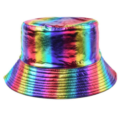 Reversible shiny rainbow bucket hat