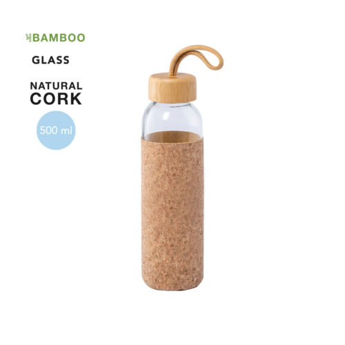 Stylish glass drinking bottle with cork case and bamboo cap - 500ml