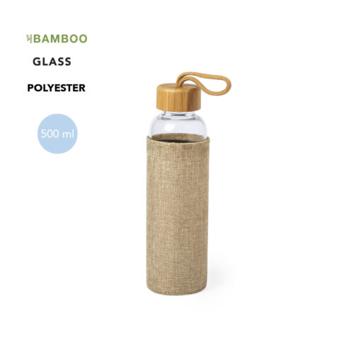 Stylish glass drinking bottle with jute sleeve and bamboo cap - 500ml