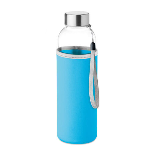 Glass water bottle with carrying strap and protective sleeve 500 ml light blue