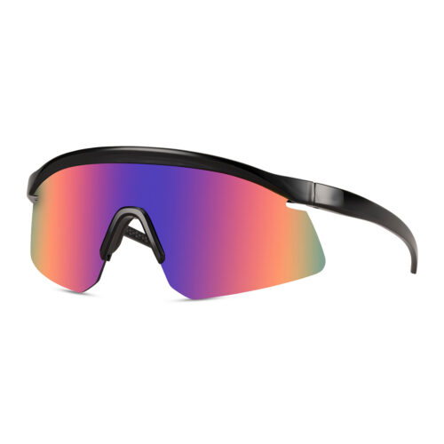 Black sports sunglasses with glossy semi-rimless frame - Multicolor lenses