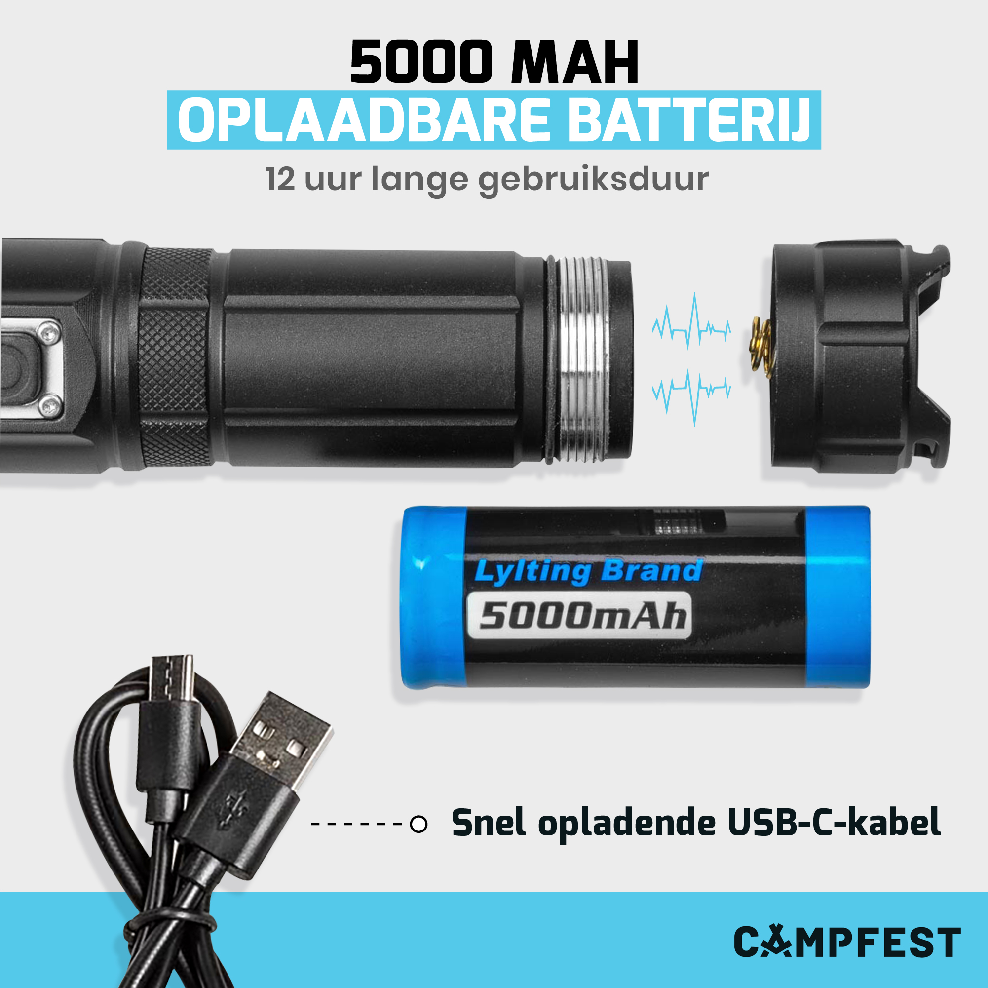 Campfest rechargeable LED flashlight with SOS mode 5000 mAh - Black - Image 9