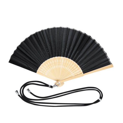 Hand fan with adjustable bamboo cord - Black