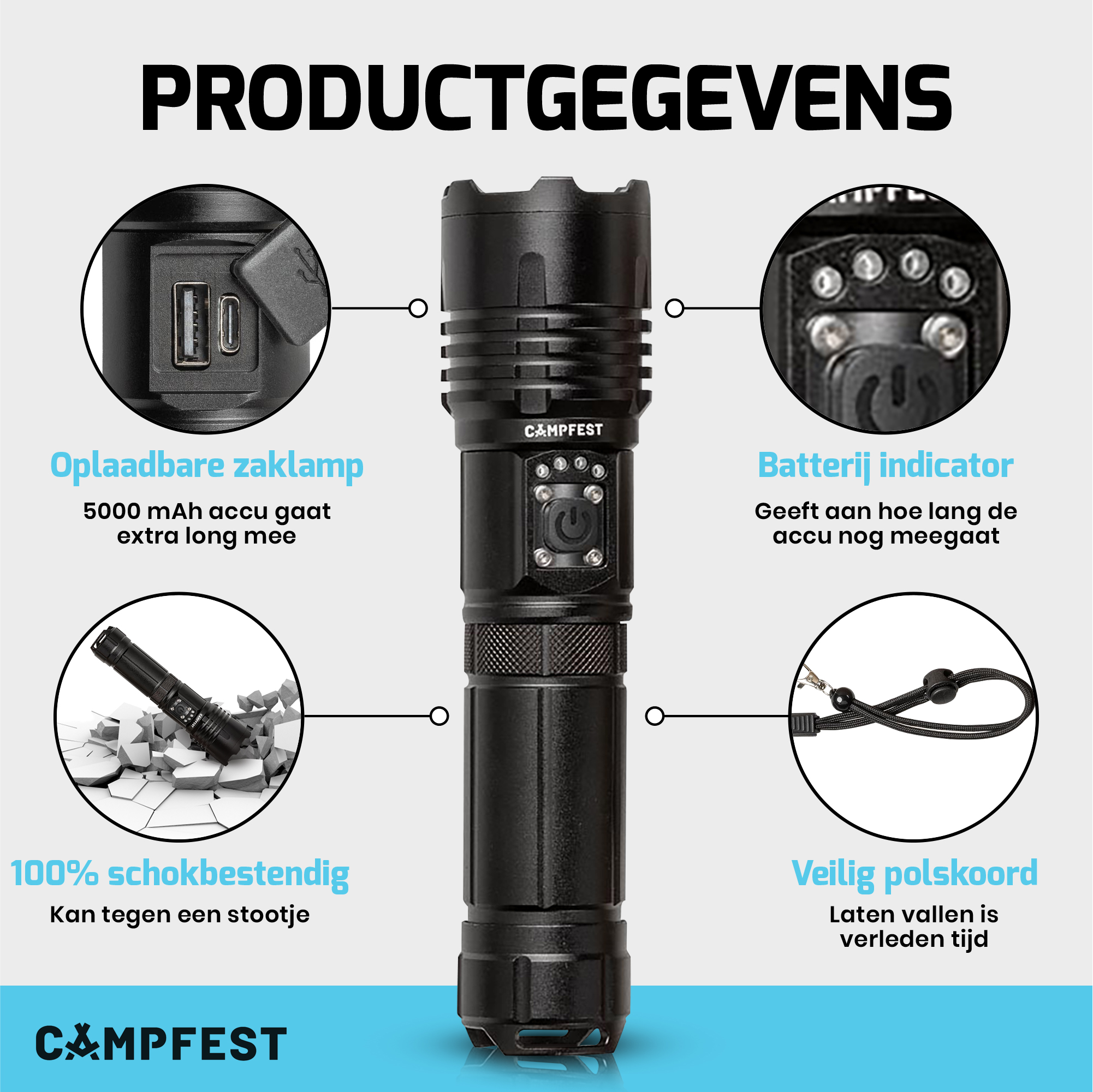 Campfest rechargeable LED flashlight with SOS mode 5000 mAh - Black - Image 7