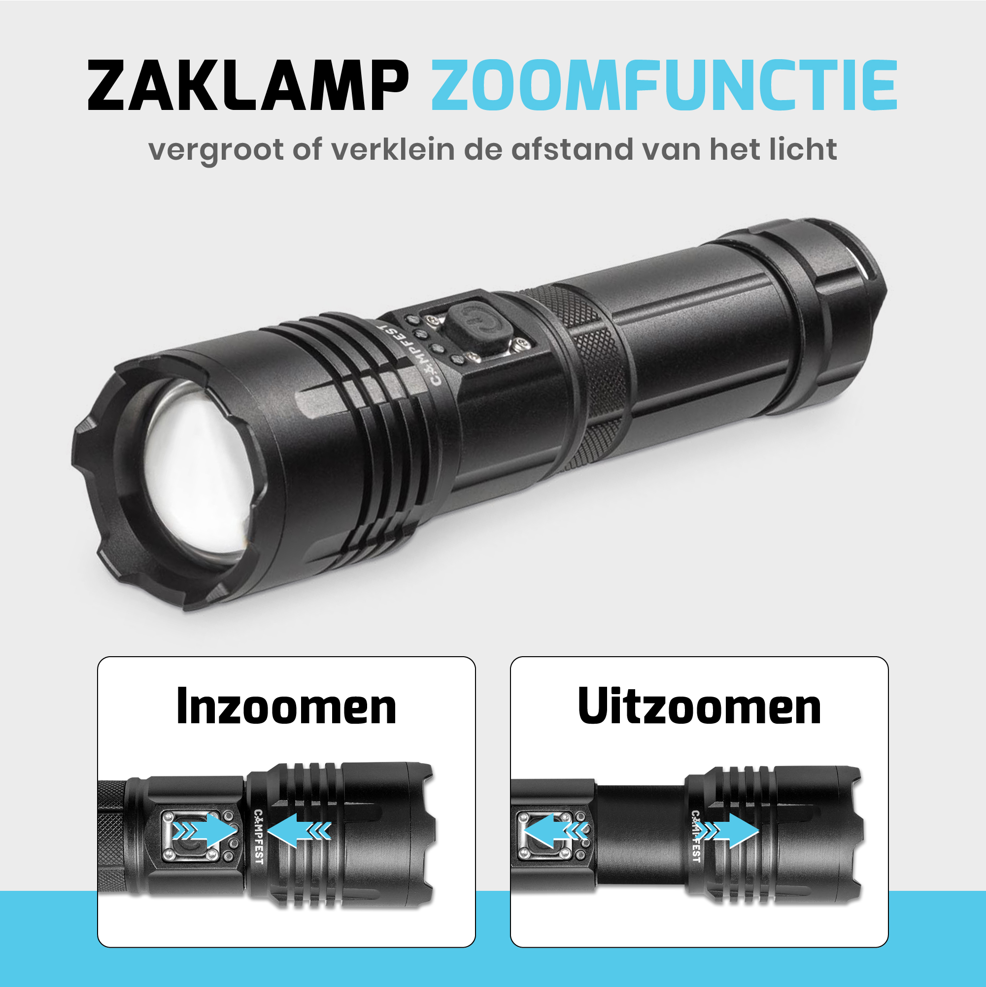 Campfest rechargeable LED flashlight with SOS mode 5000 mAh - Black - Image 6