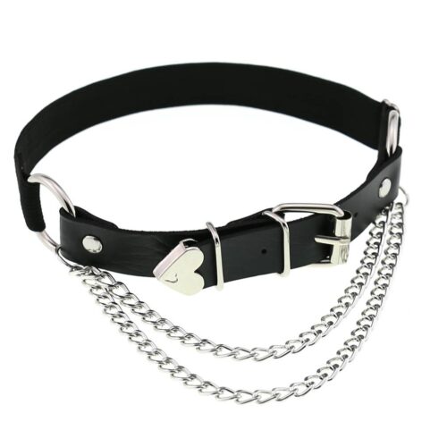 Leg band with heart-shaped buckle and silver chain, black