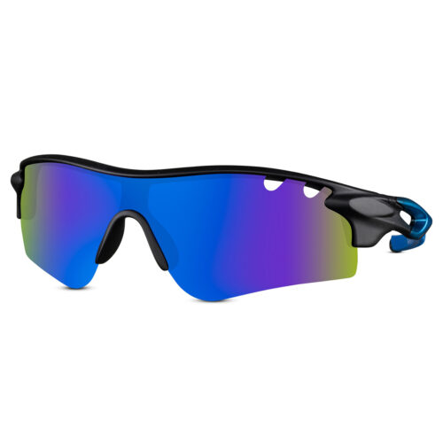 Matte black sports sunglasses with semi-rimless frame and blue arms – Blue lens