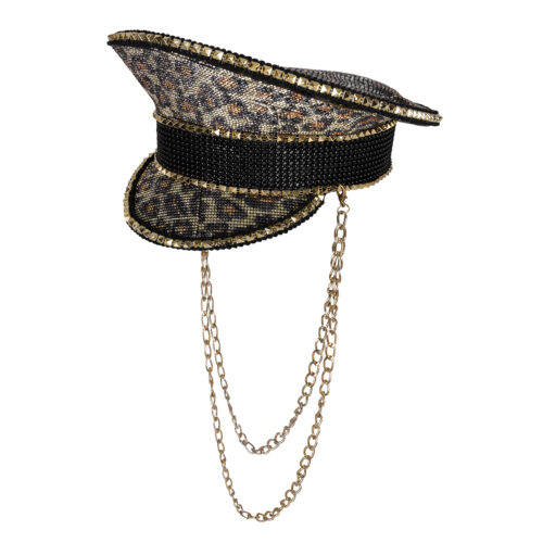 Leopard print cap with rhinestones and gold chain