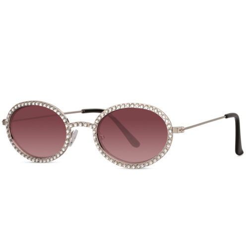 Oval silver sunglasses with rhinestones - Pink lenses
