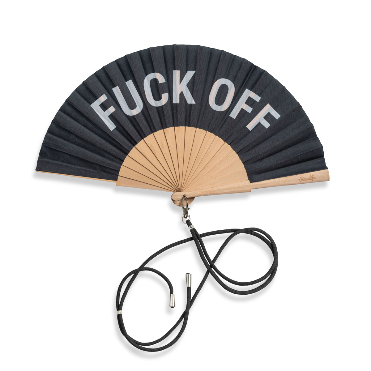 Ravelife - Festival Neckfan - Black hand fan with cord - Wood - F*ck Off
