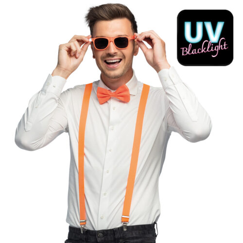 Accessory Set – UV Blacklight Party Glasses, Bow Tie, and Suspenders – Neon Orange