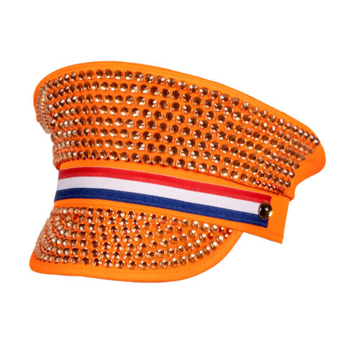 Dutch orange party hat – Party cap with rhinestones and Dutch flag – 59 cm