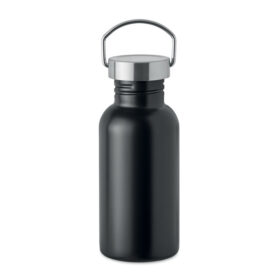 Drinking bottle made from recycled stainless steel – Single-walled with leak-proof lid and handle – 500 ml – Black