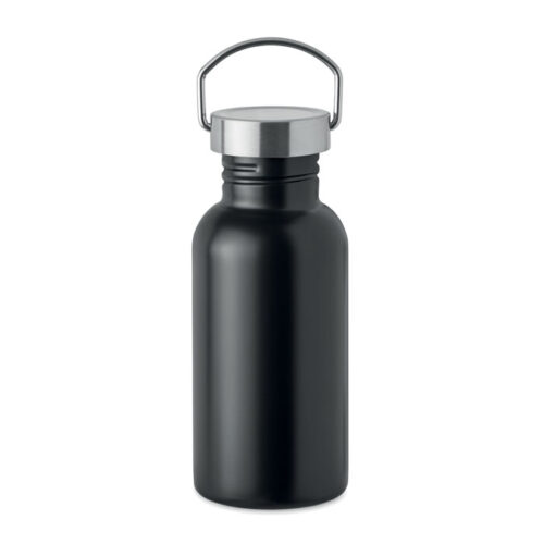 Drinking bottle made from recycled stainless steel – Single-walled with leak-proof lid and handle – 500 ml – Black