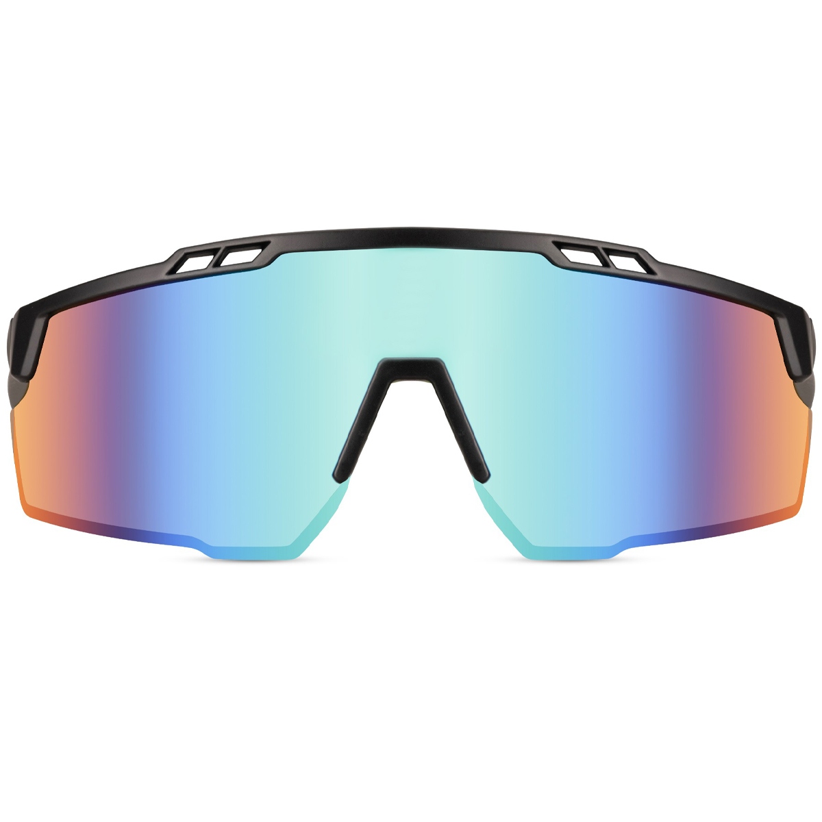 Black sports sunglasses with glossy semi-rimless frame and green arms – Blue lenses - Image 2