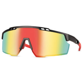 Black sports sunglasses with glossy semi-rimless frame and red arms – Multicolor lenses