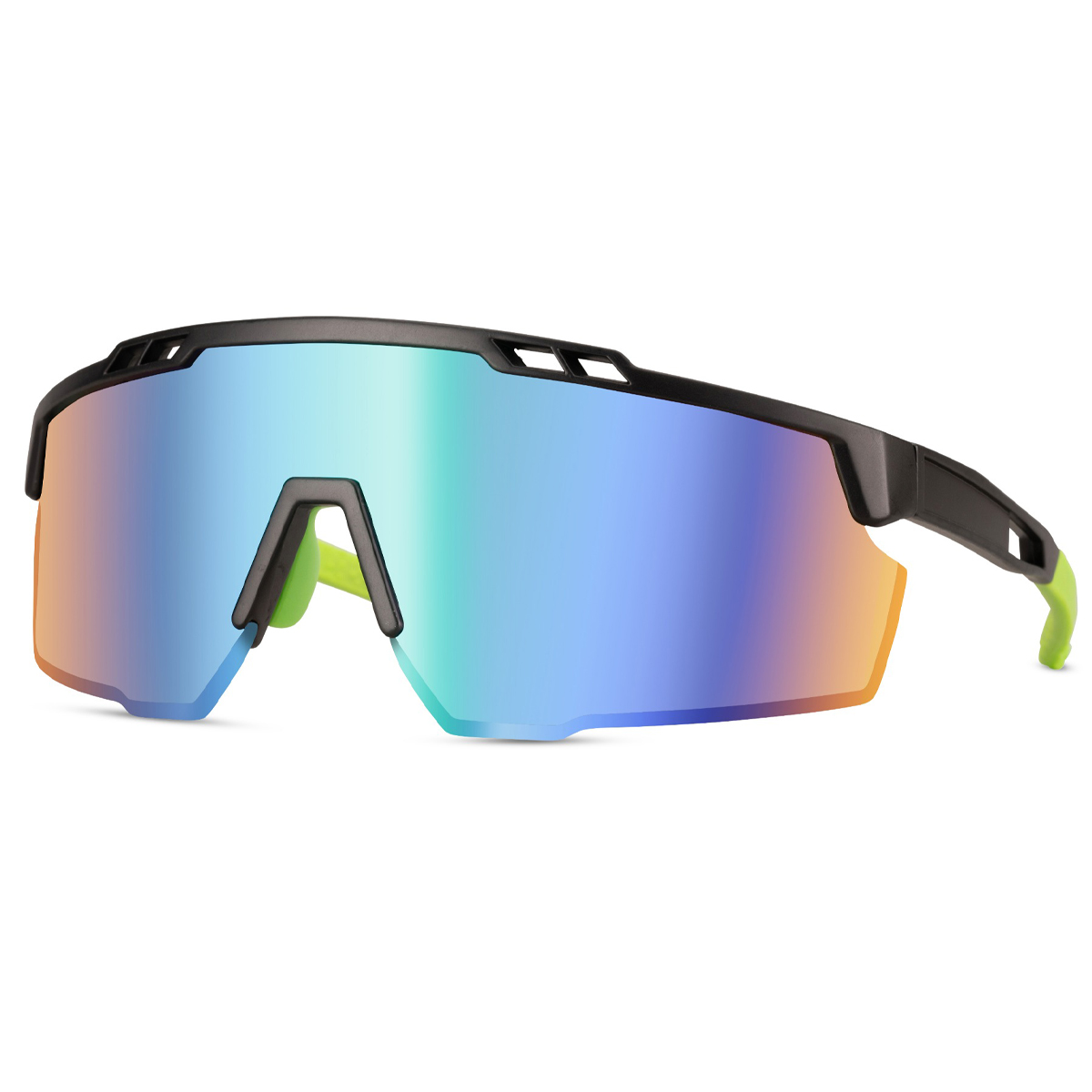 Black sports sunglasses with glossy semi-rimless frame and green arms – Blue lenses