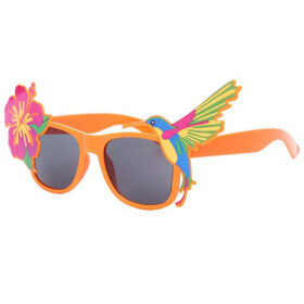 Tropical party sunglasses with black lenses – Orange glasses with flower and bird