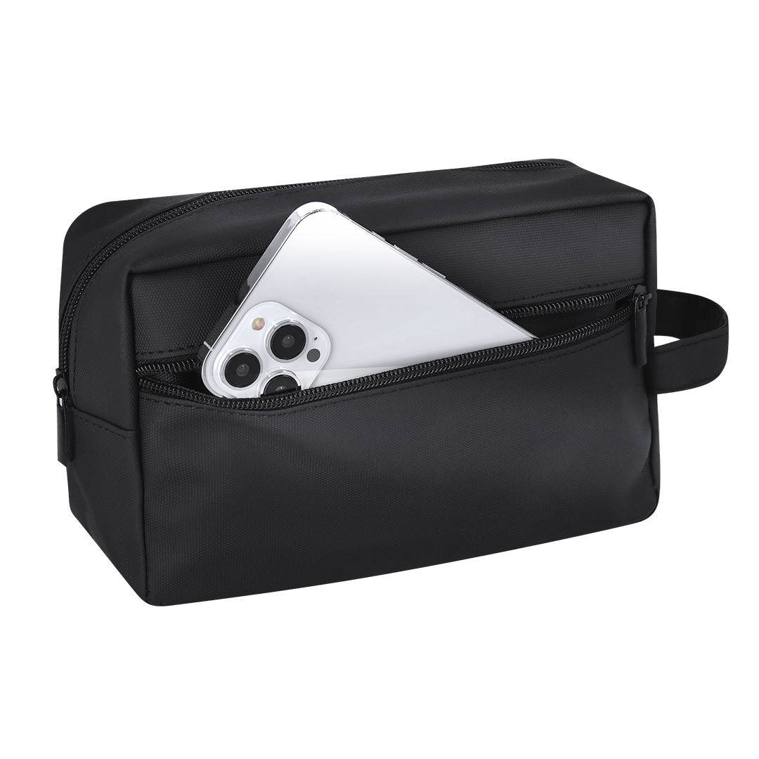 Multifunctional Toiletry Bag made of soft PU leather – With zip compartments and handle – Black - Image 2