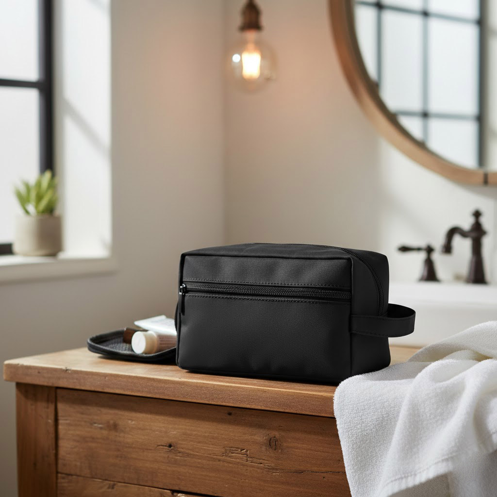 Multifunctional Toiletry Bag made of soft PU leather – With zip compartments and handle – Black - Image 3