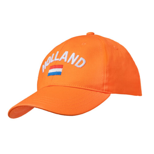 Orange adjustable cap with embroidered "Holland" text and Dutch flag
