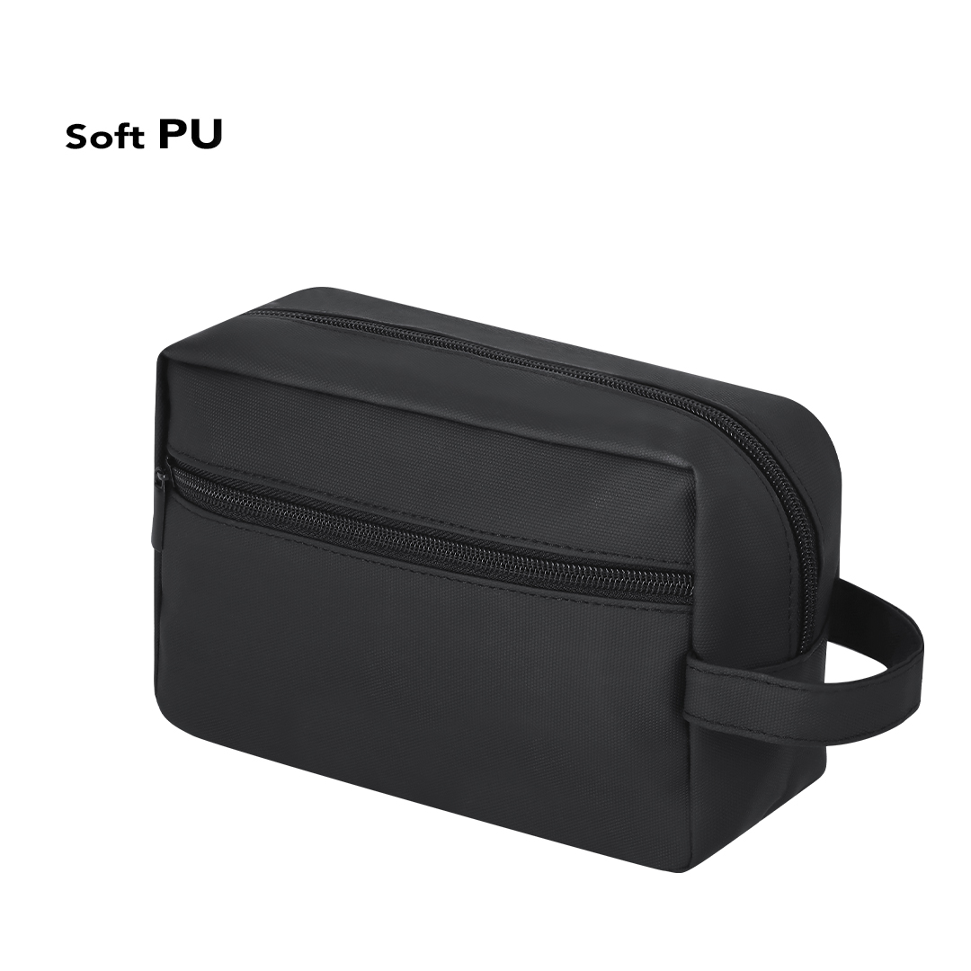 Multifunctional Toiletry Bag made of soft PU leather – With zip compartments and handle – Black - Image 4