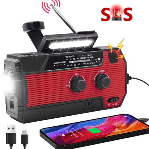 Solar Emergency Radio with Powerbank 4000mAh – Hand Crank, Solar Panel, AM/FM Radio, Flashlight, SOS Alarm and USB-C