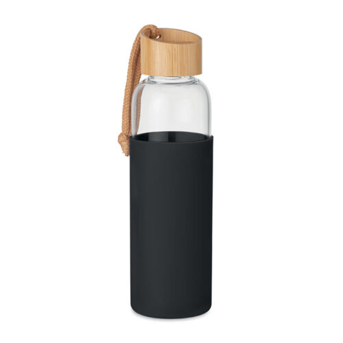 Glass water bottle with silicone sleeve – Water bottle with cotton carrying loop – 500 ml – Black