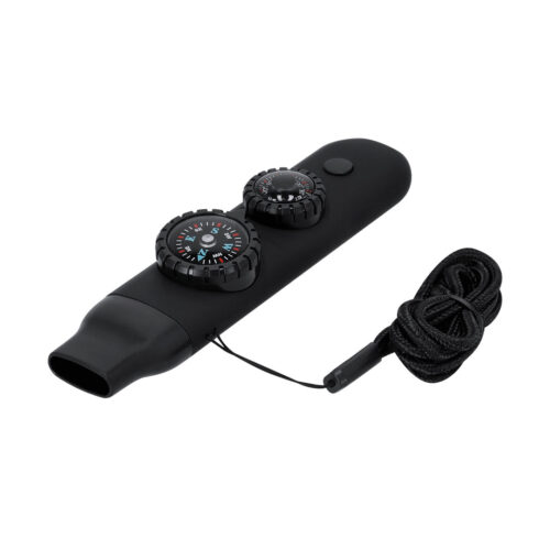 6-in-1 safety whistle with compass, thermometer, and flashlight – Emergency whistle for survival kit – Black