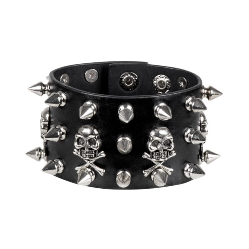 Biker bracelet with spikes and skulls - Leather look - Black/silver