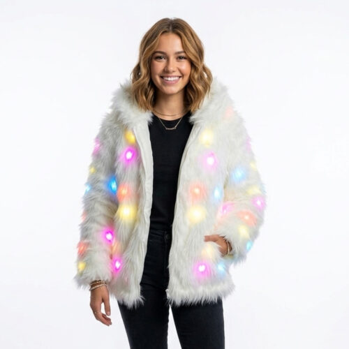 Ravelife - Light-Up LED Fur Jacket – With Remote Control - Short Model - White - One size