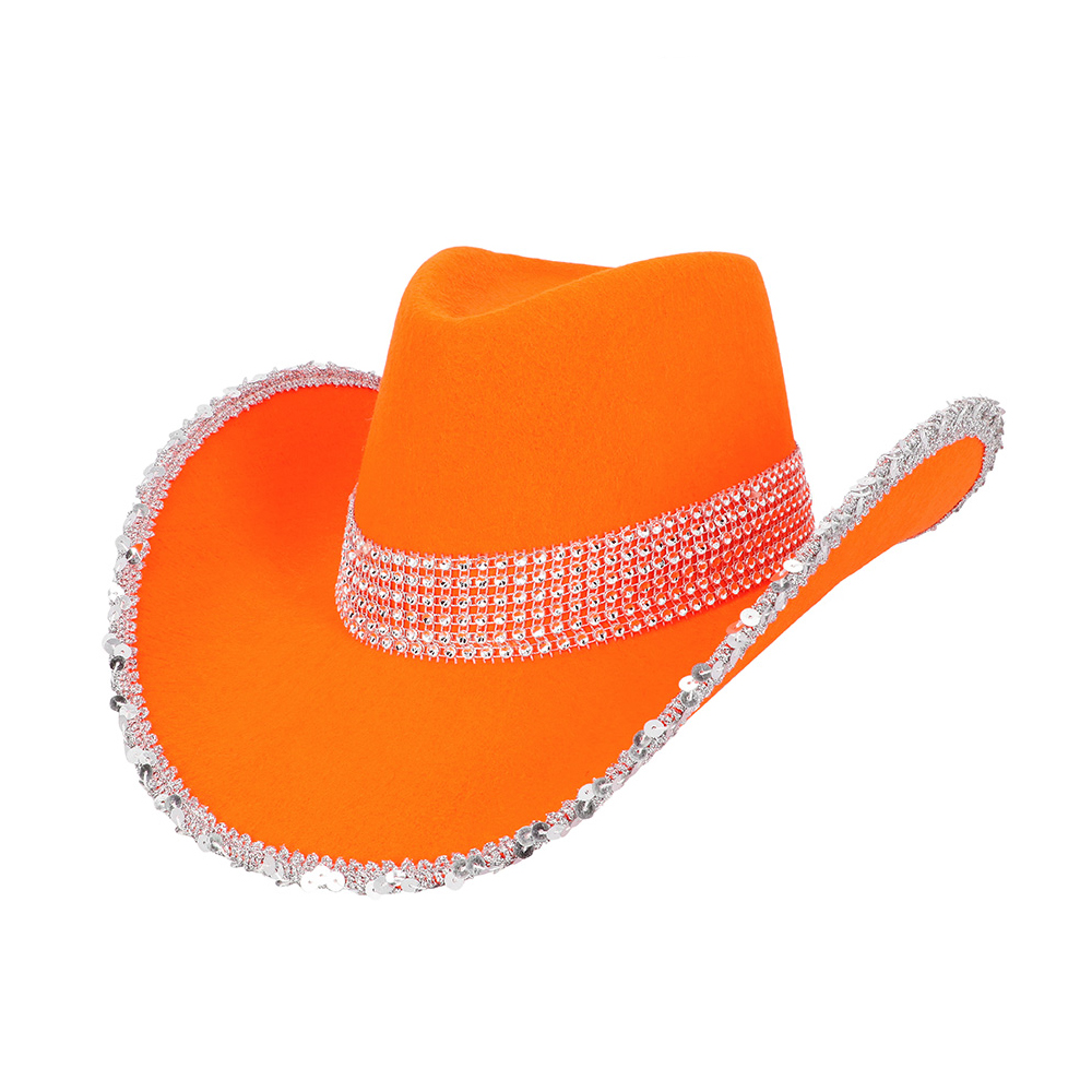 Cowboy hat with sequins and rhinestones - Festival hat 58 cm - Orange