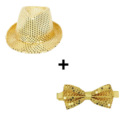 Fedora party hat + glitter bow tie gold